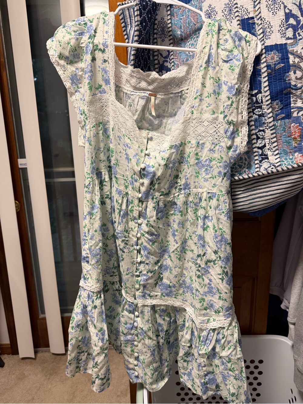 Free People White Floral Mini Dress with Blue and Green Print